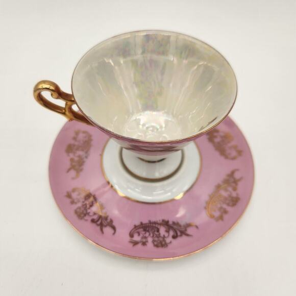 Royal Halsey Vintage Lusterware Pedestal Rose Tea Cup And Saucer Pink Gold‎ - Picture 6 of 9
